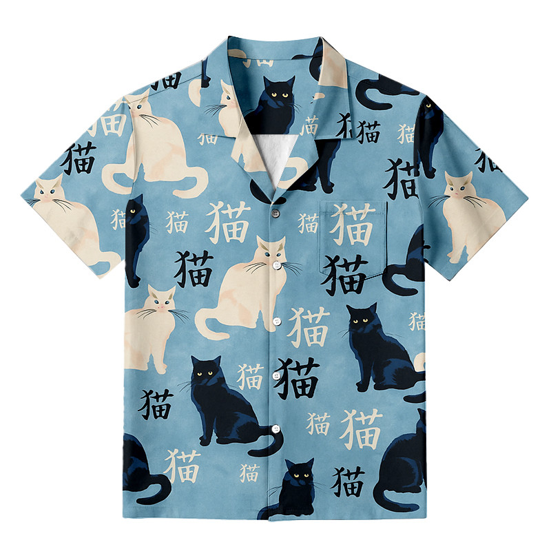 Japanese Black And White Cat Hawaiian Shirt Animal Themed Japanese Art Shirt Cat Owner Gifts