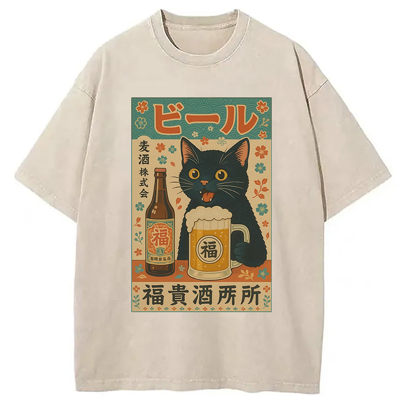 Japanese Black Cat Beer Washed T-Shirt Cool Urban Street Style Shirt Gifts For Friends