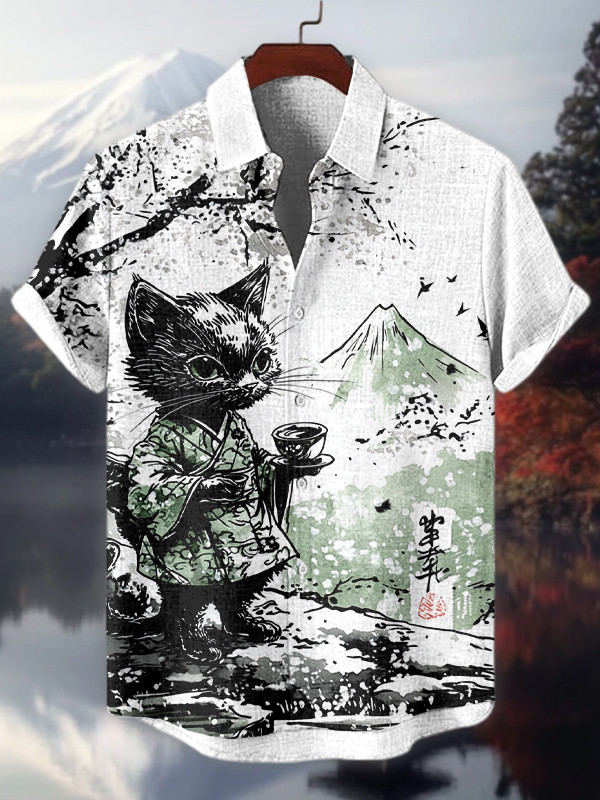Japanese Black Cat Drinking Tea Ink Art Print Hawaiian Shirt Gifts For Cat Lovers