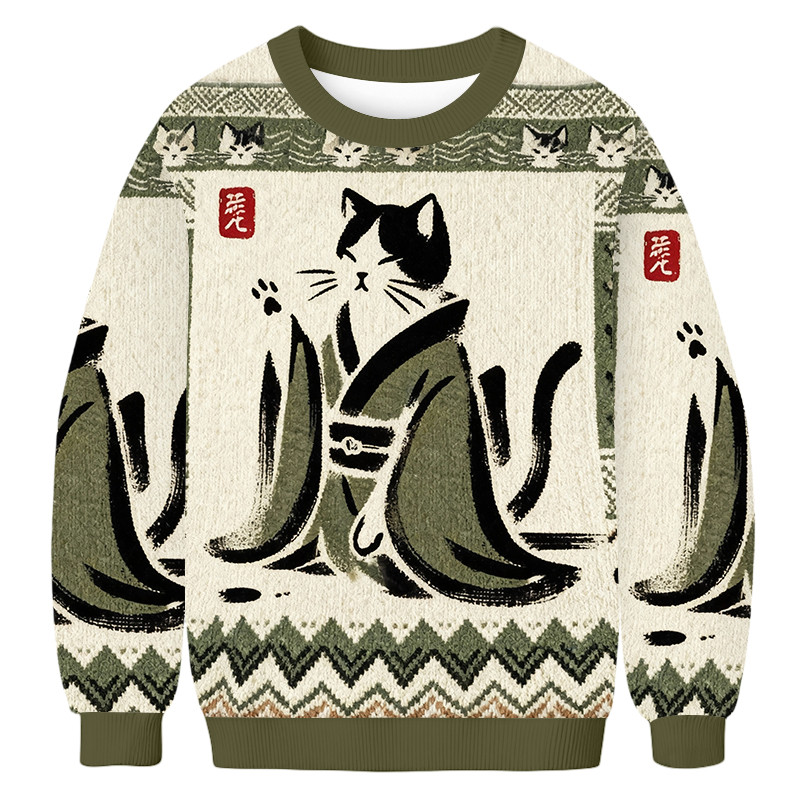 Japanese Black Cat Ugly Sweater Animal Themed Holiday Apparel Christmas Gifts For Cat Lover