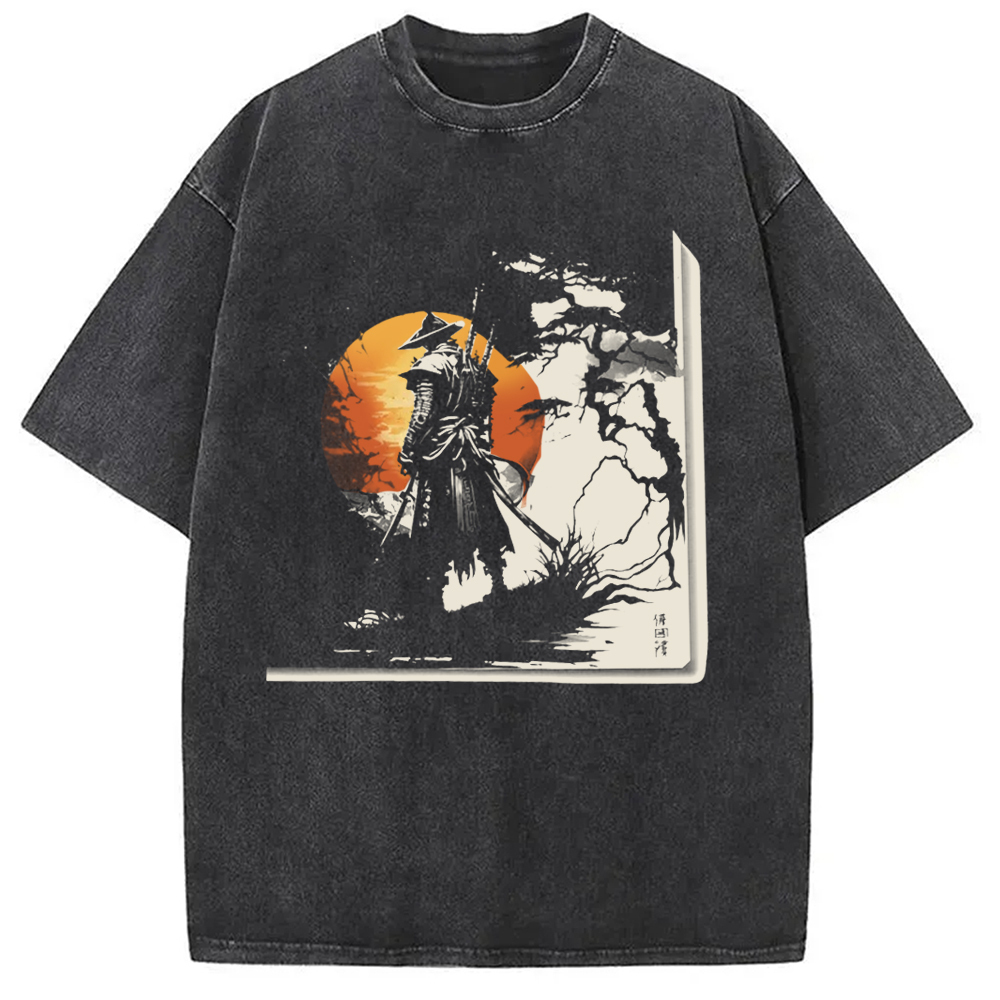 Japanese Black Samurai Vintage Washed T-Shirt Funny Aesthetic Trendy Apparel Gifts For Besties