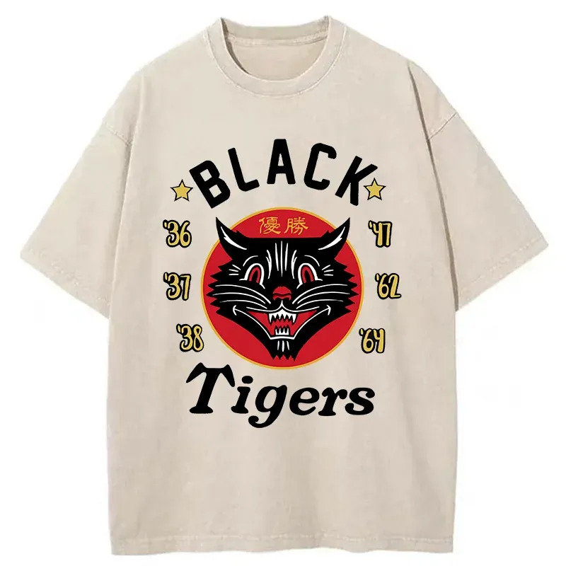 Japanese Black Tigers Washed T-Shirt Retro Humor Graphic Top Gifts For Brother