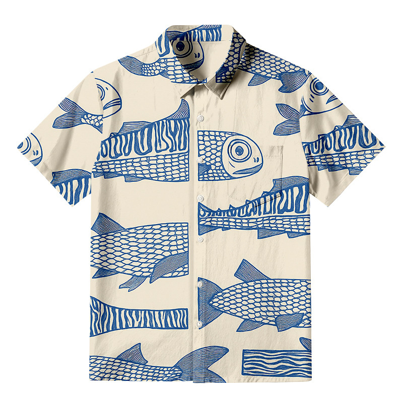 Japanese Blue Fish Button Up Shirt Japanese Inspired Design Gifts For Fish Lover