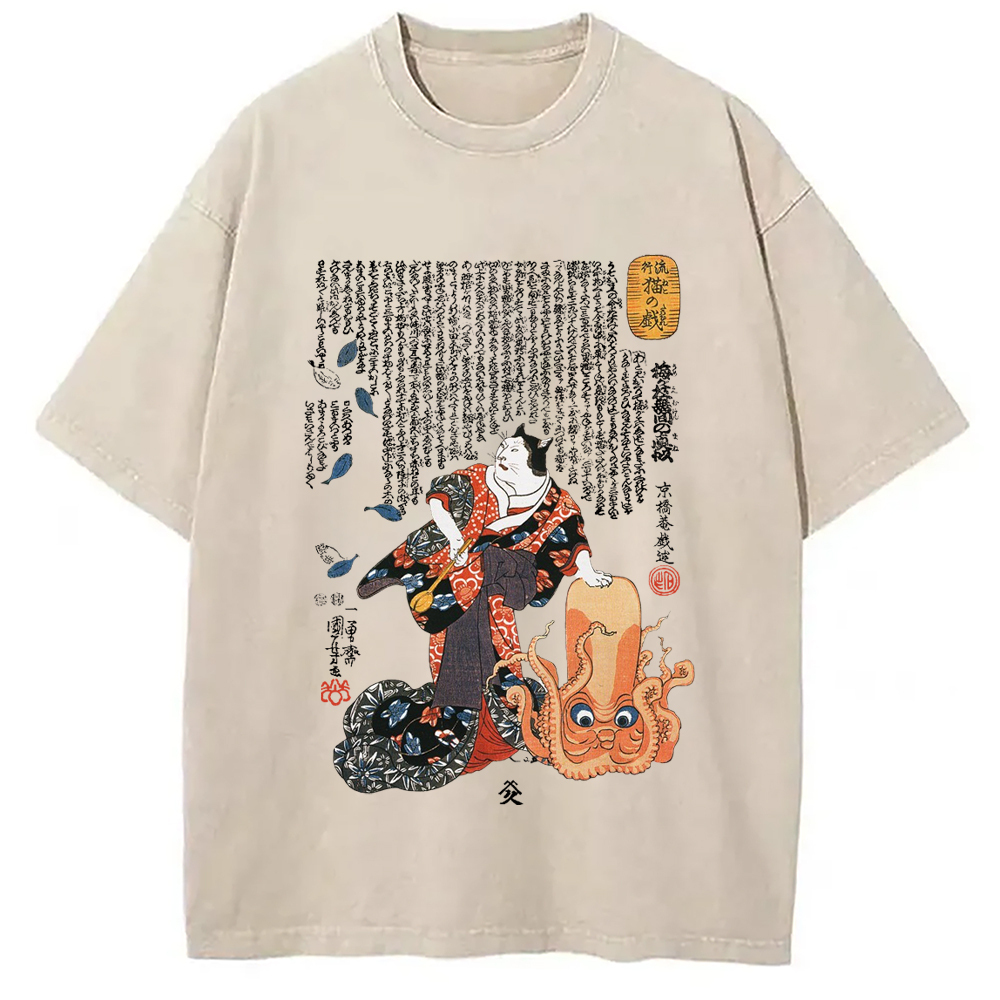 Japanese Cat and Octopus Art Washed T-Shirt Trendy Aesthetic Graphic Apparel Gifts For Friends