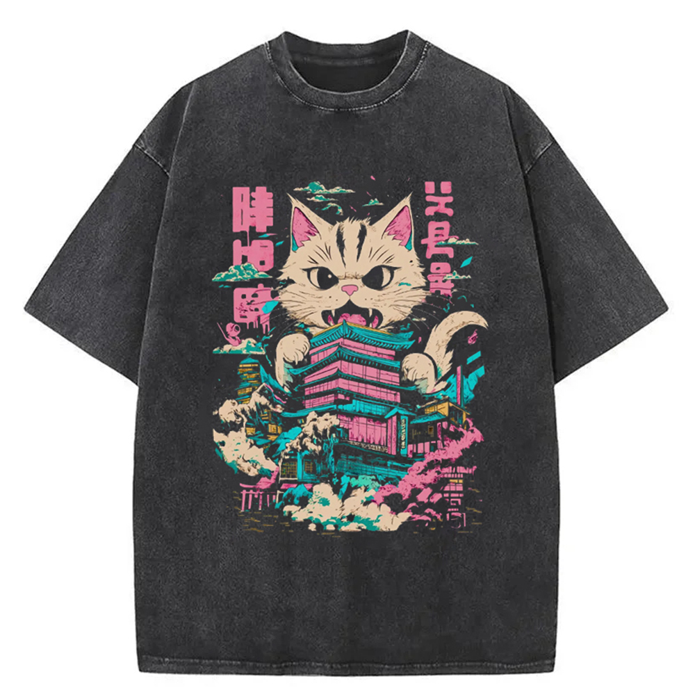 Japanese Cat Cat Lover Washed T-Shirt Trendy Aesthetic Graphic Apparel Gifts For Best Friend
