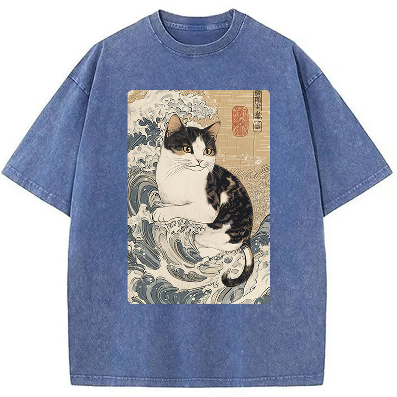 Japanese Cat Great Wave Off Washed T-Shirt Soft Cotton Daily Wear Tee Gifts For Her