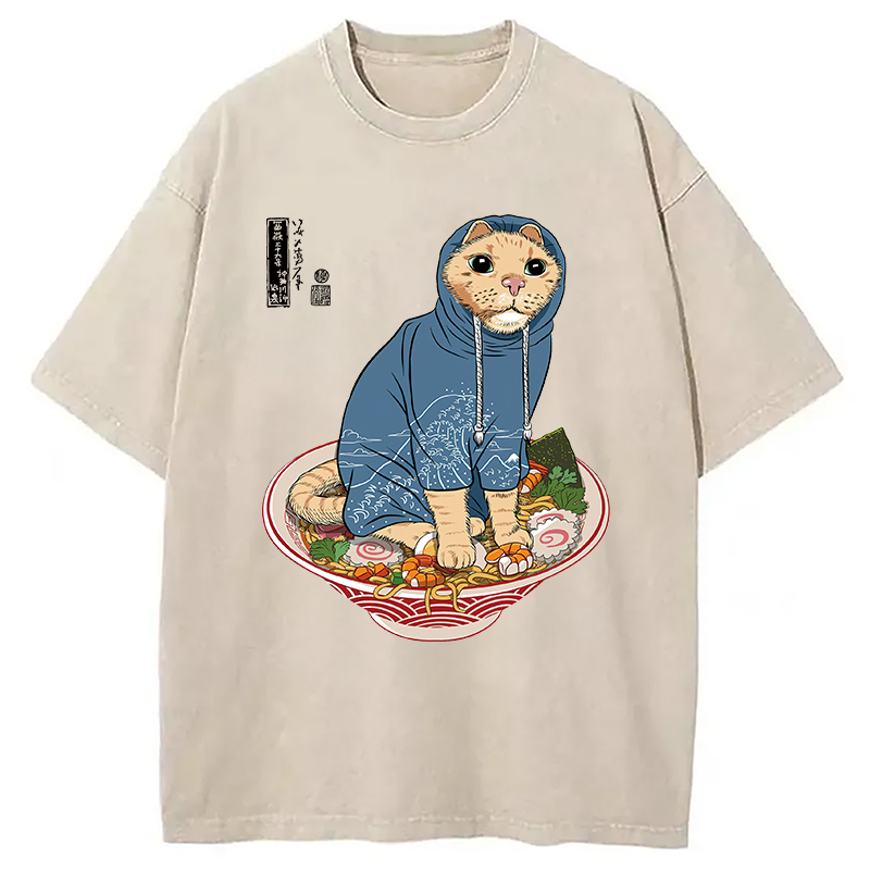Japanese Cat on Ramen Washed T-Shirt Trendy Aesthetic Graphic Apparel Gifts For Sister
