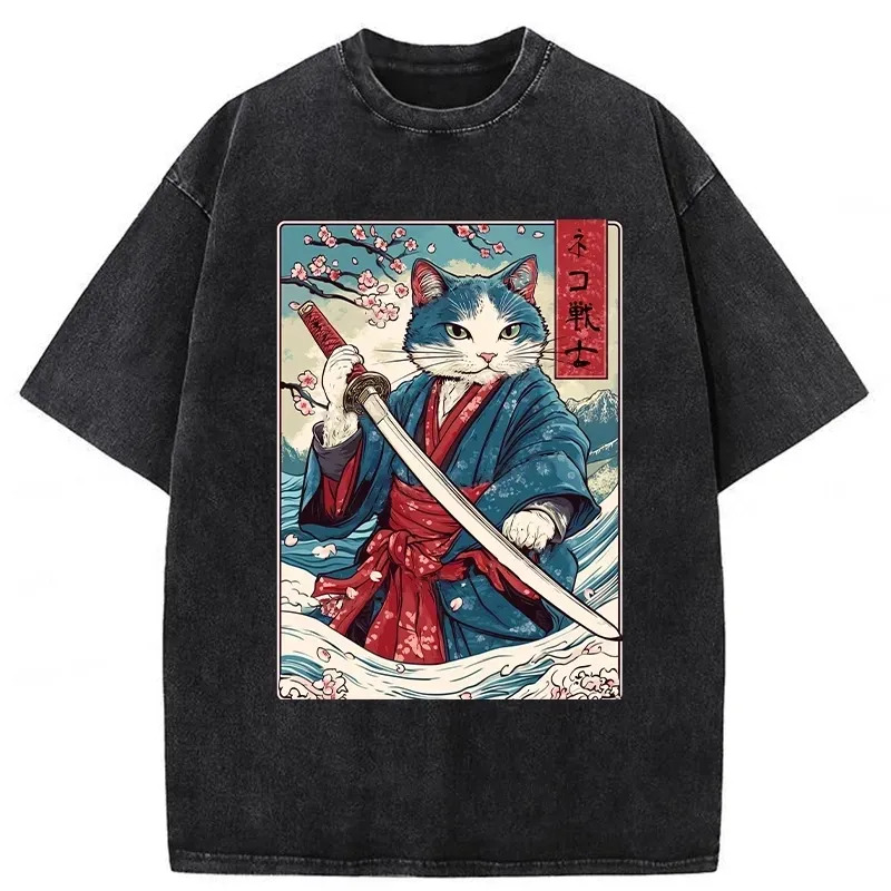 Japanese Cat Samurai Washed T-Shirt Retro Humor Graphic Top Gifts For Best Friend