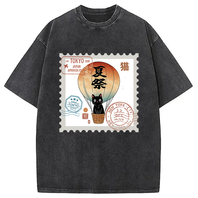Japanese Cat Stamp Washed T-Shirt Funny Graphic Gift For Friends Gifts For Best Friend Japanese Cat Stamp Washed T-Shirt Funny Graphic Gift For Friends Gifts For Best Friend