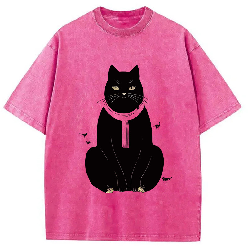 Japanese Cat With Scarf Washed T-Shirt Retro Streetwear Graphic Top Gifts For Best Friend