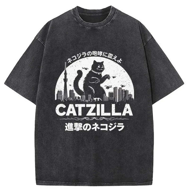 Japanese Catzilla Washed T-Shirt Cool Graphic Tee For Men Women Gifts For BFF