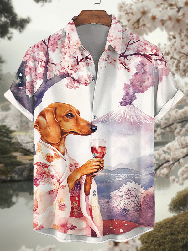 Japanese Cherry Blossom Dachshund Drinks Red Wine Art Hawaiian Shirt Gifts For Dachshund Lovers