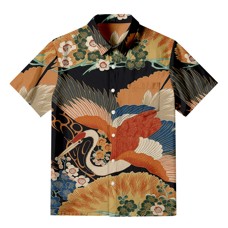 Japanese Colorful Crane Button Up Shirt Traditional Japanese Patterns Best Gifts For Him