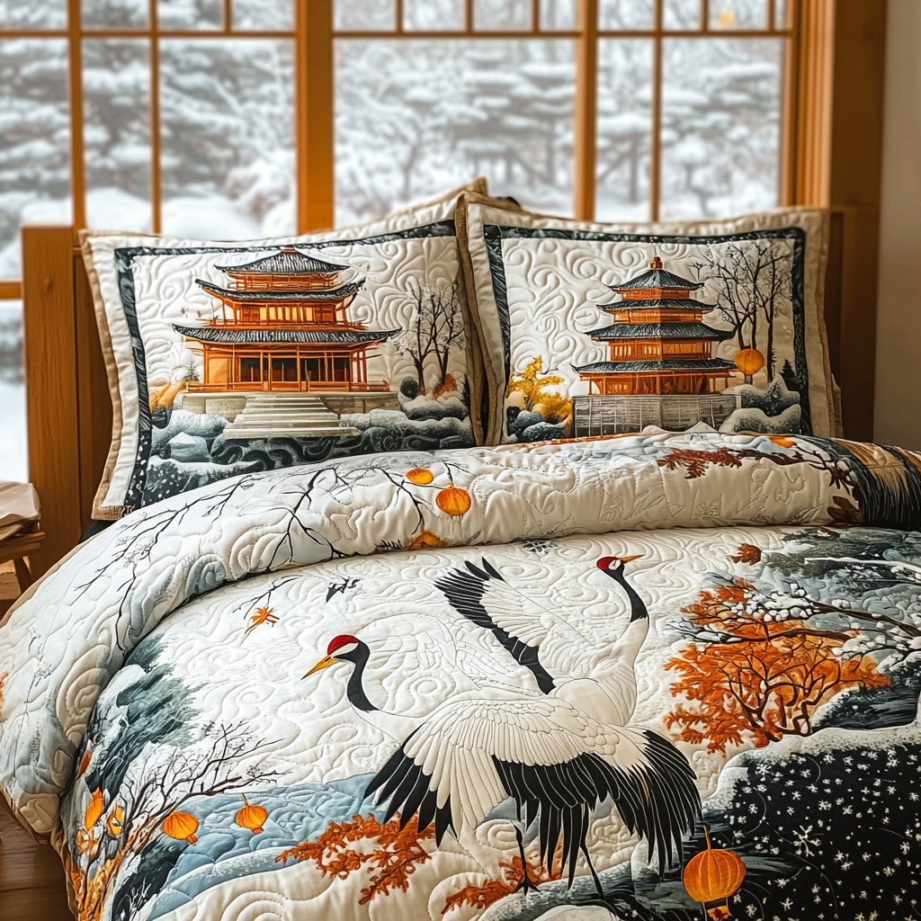 Japanese Crane Artistic Charm Quilted Bedding Set Aesthetic Room Decor Christmas Present Ideas
