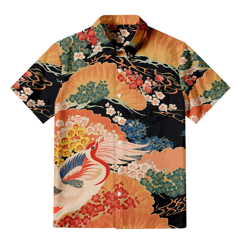Japanese Crane Flower Button Up Shirt Japanese Art Clothing Best Gifts For Grandpa