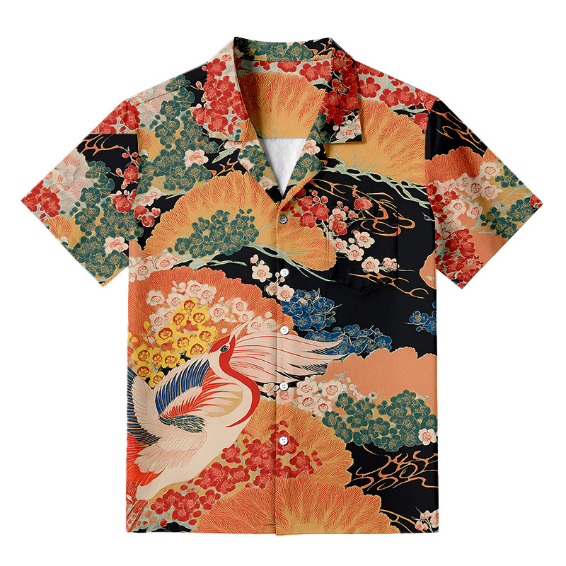 Japanese Crane Flower Hawaiian Shirt Japanese Art Shirt Good Gifts For Crane Lovers
