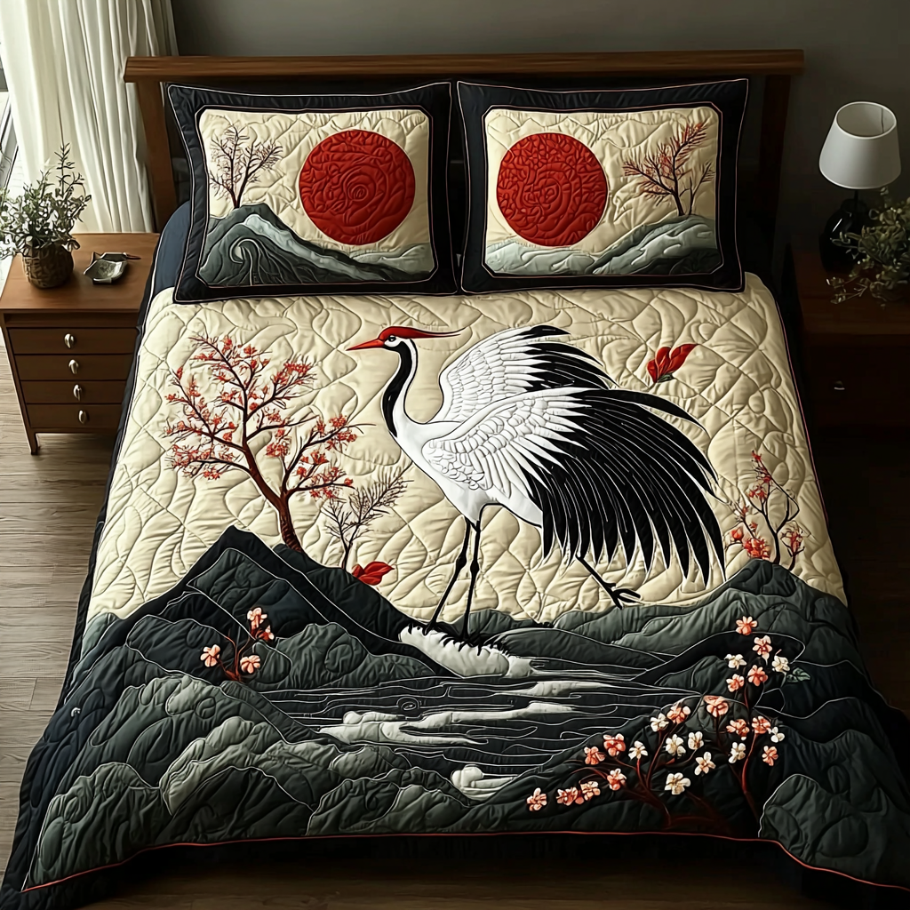 Japanese Crane Heritage Quilted Bedding Set Best Bed Sheet Set Best Christmas Gift Ideas 