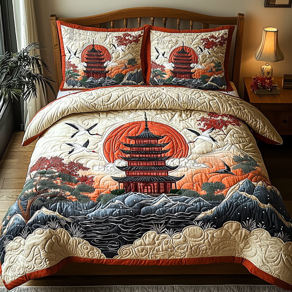 Japanese Crane Pagoda Quilted Bedding Set Bed Room Decoration Corporate Christmas Gifts