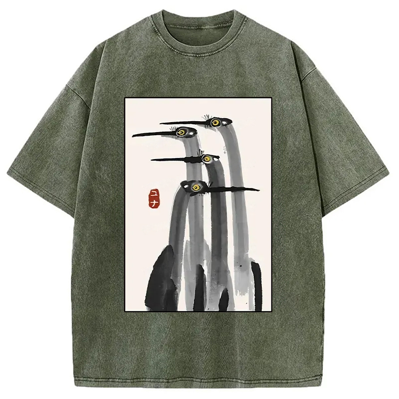 Japanese Crane Poster Washed T-Shirt Funny Graphic Gift For Friends Gifts For BFF