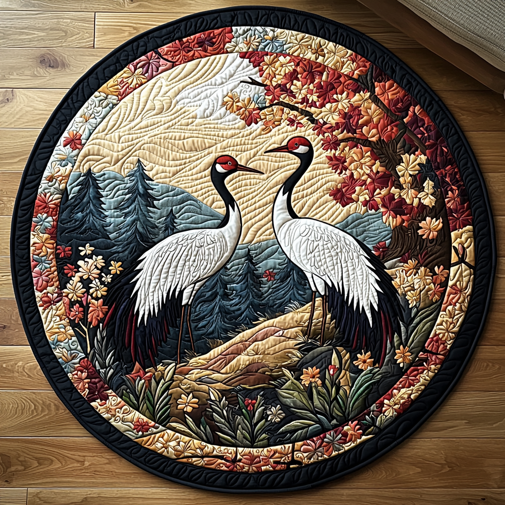 Japanese Crane Scenery Quilted Round Mat Unique Front Door Decor Sunshine Themed Gifts