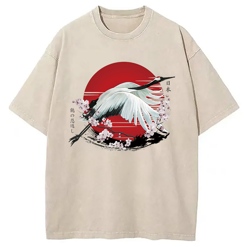 Japanese Crane Tsuru Washed T-Shirt Minimal Retro Graphic Clothing Gifts For Him Japanese Crane Tsuru Washed T-Shirt Minimal Retro Graphic Clothing Gifts For Him