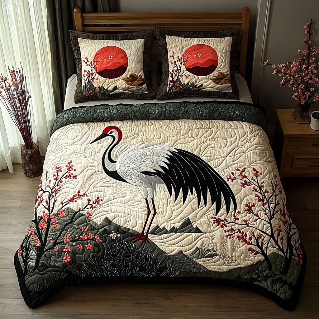 Japanese Crane Vintage Charm Quilted Bedding Set Best Bedspread Set Christmas Gifts For Men