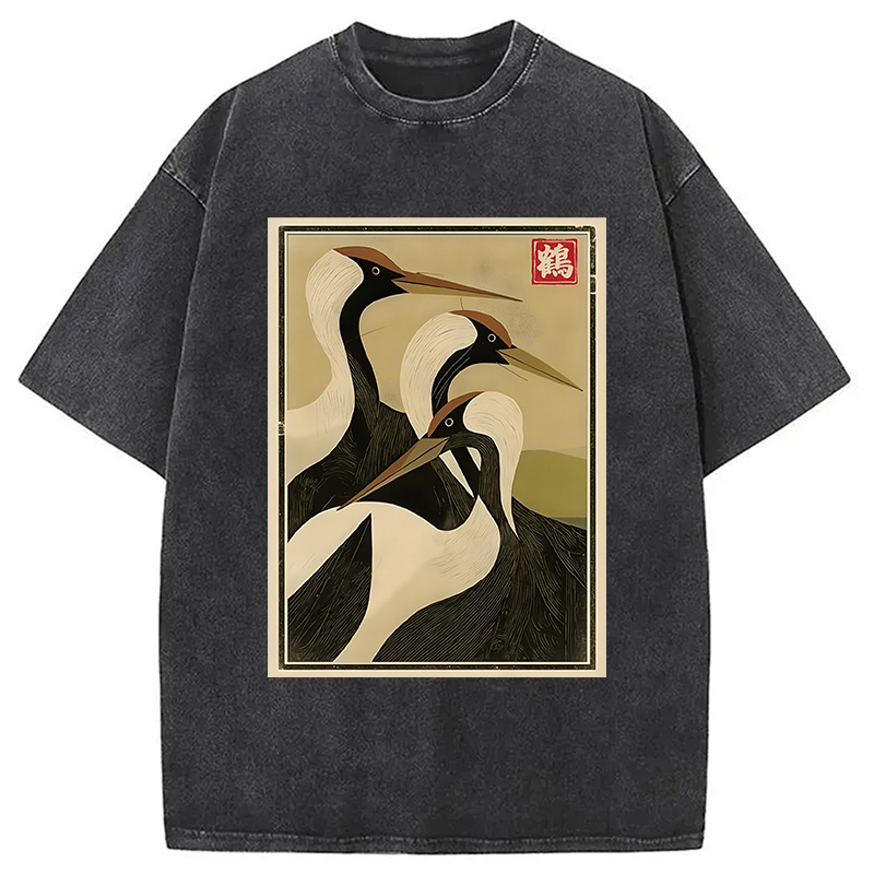 Japanese Crane Vintage Washed T-Shirt Cool Urban Street Style Shirt Gifts For Friends Japanese Crane Vintage Washed T-Shirt Cool Urban Street Style Shirt Gifts For Friends