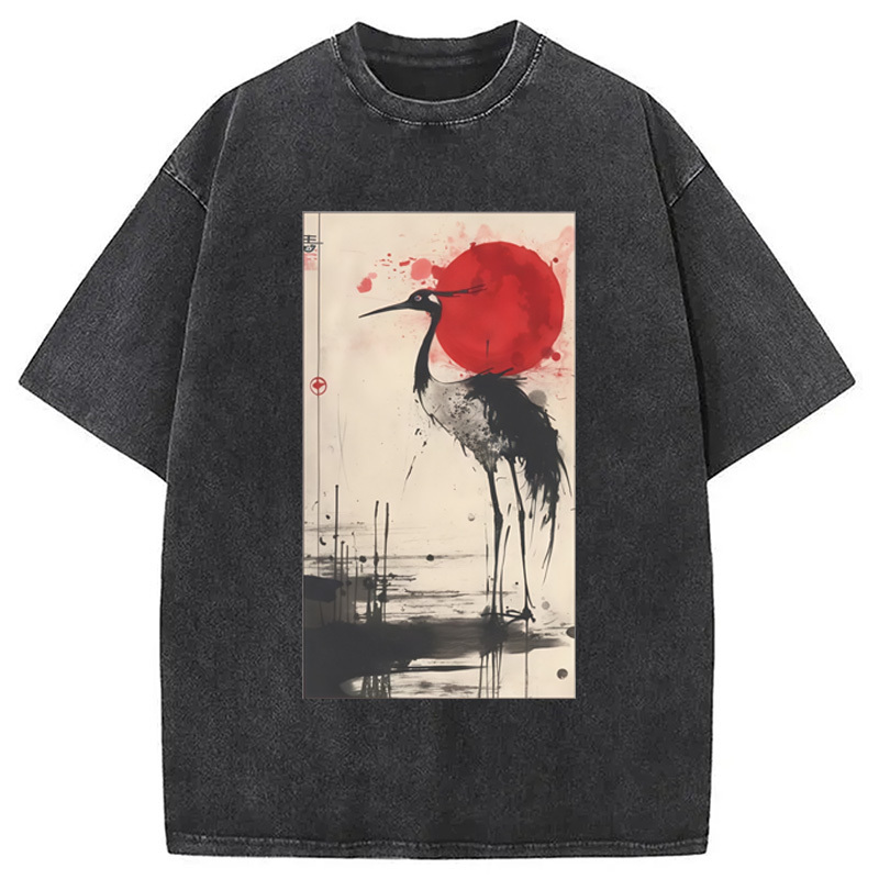 Japanese Crane Washed T-Shirt Trendy Everyday Casual Outfit Gifts For Sister