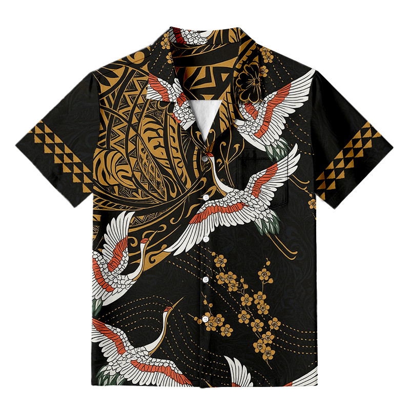 Japanese Cranes And Flowers Hawaiian Shirt Japanese Art Shirt Gifts For Crane Lovers