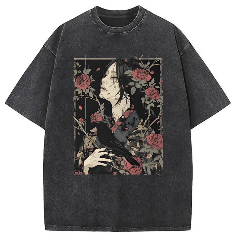 Japanese Crow Washed T-Shirt Casual Vintage Everyday Look Gifts For Sister Japanese Crow Washed T-Shirt Casual Vintage Everyday Look Gifts For Sister