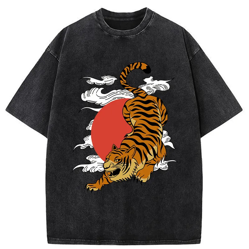 Japanese Fierce Tiger Washed T-Shirt Classic Graphic Fashion Tee Gifts For BFF