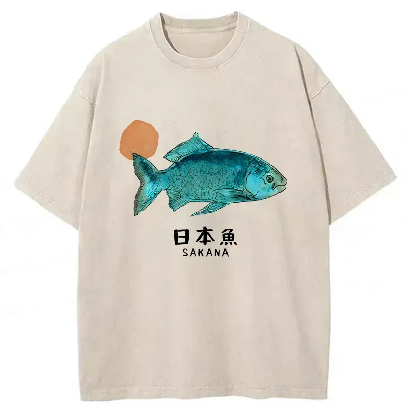 Japanese Fish Vintage Washed T-Shirt Minimal Retro Graphic Clothing Gifts For BFF