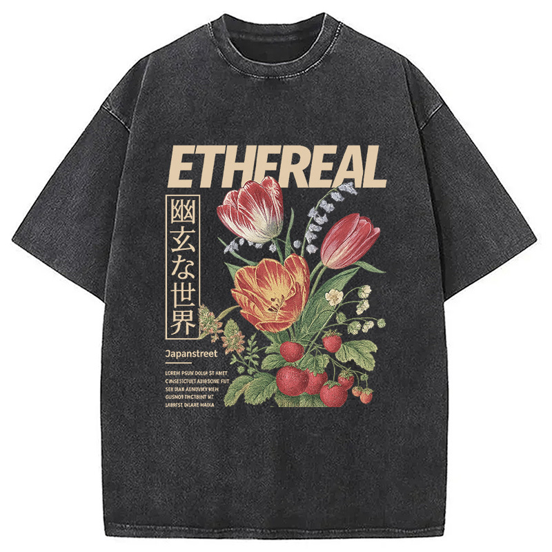 Japanese Flower Washed T-Shirt Classic Graphic Fashion Tee Gifts For Friends