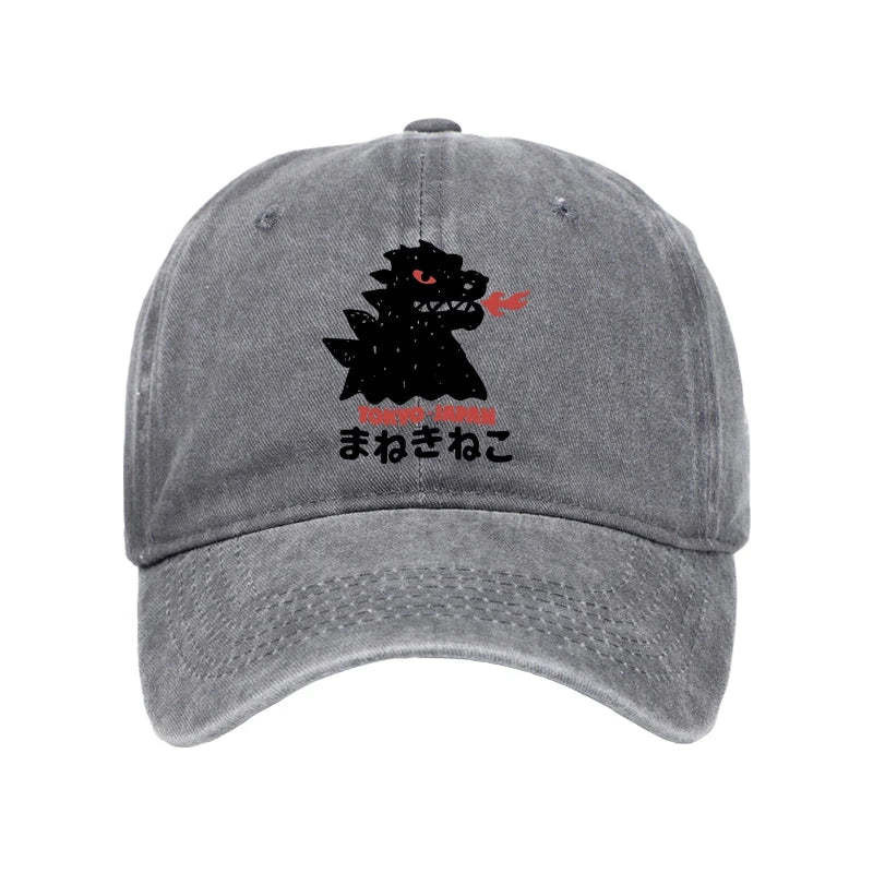 Japanese Fortune Cat Washed Hat Cartoon Pattern Trendy Baseball Cap Good Godzilla Lover Gift