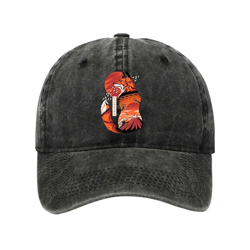 Japanese Fox Kitsune Tattoo Washed Hat Mythology Pattern Best Cap Gifts For Kitsune Lovers