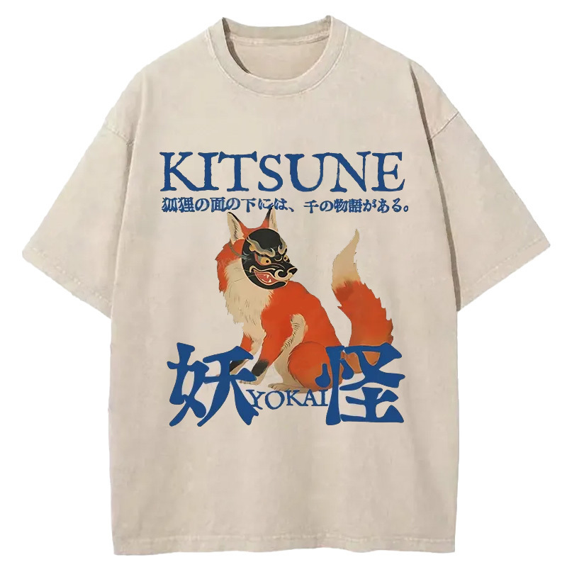 Japanese Fox Yokai Washed T-Shirt Soft Cotton Daily Wear Tee Gifts For Sister