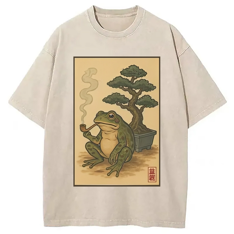Japanese Frog & Bonsai Washed T-Shirt Casual Vintage Everyday Look Gifts For Her Japanese Frog & Bonsai Washed T-Shirt Casual Vintage Everyday Look Gifts For Her
