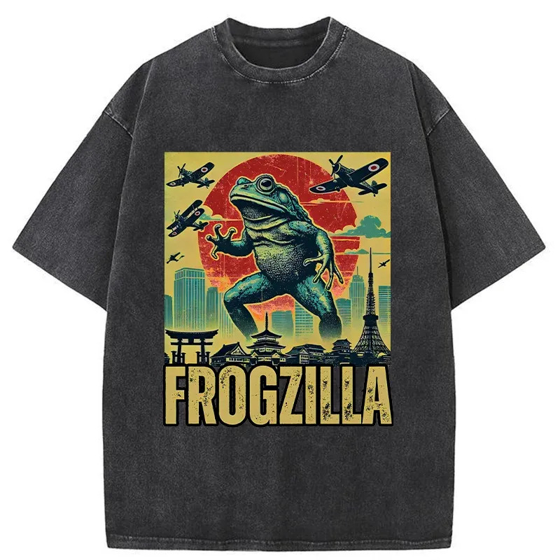Japanese Frogzilla Funny Washed T-Shirt Trendy Aesthetic Graphic Apparel Gifts For Friends