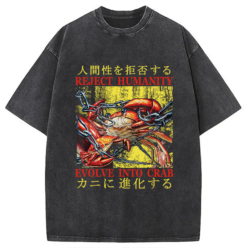 Japanese Funny Crab Meme Washed T-Shirt Funny Graphic Gift For Friends Gifts For Him