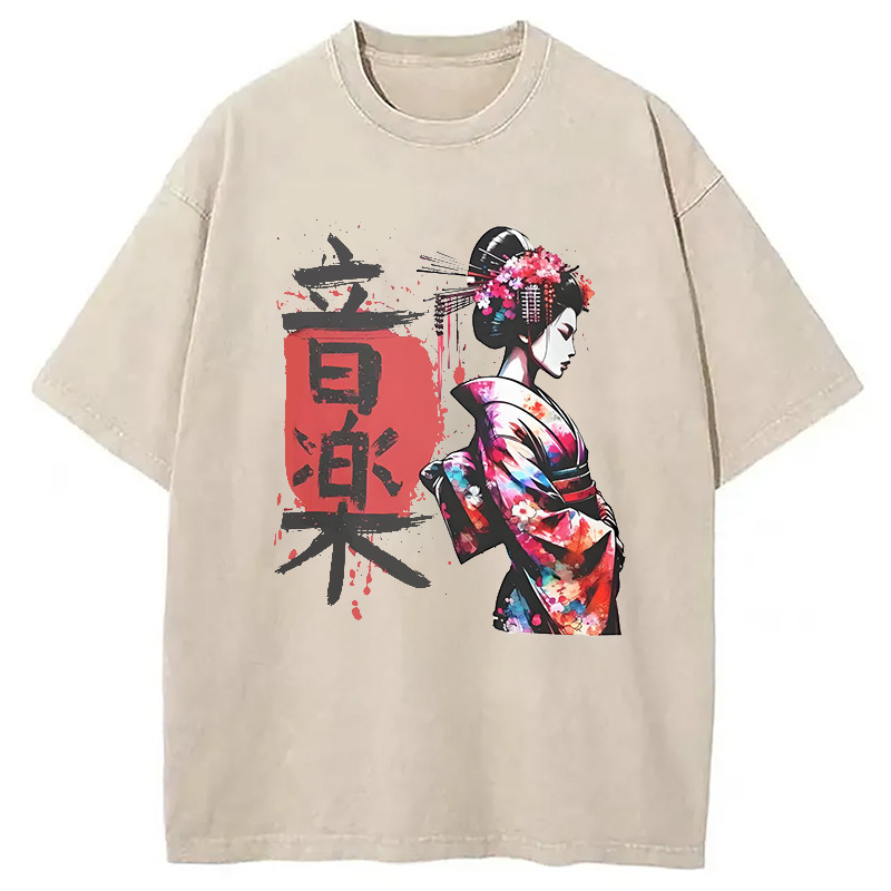 Japanese Geisha Vintage Washed T-Shirt Minimal Retro Graphic Clothing Gifts For Besties