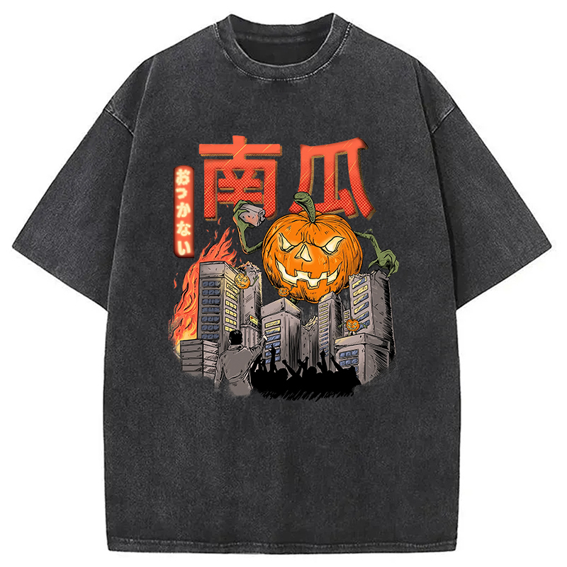 Japanese Halloween Pumpkin Washed T-Shirt Retro Streetwear Graphic Top Gifts For Him