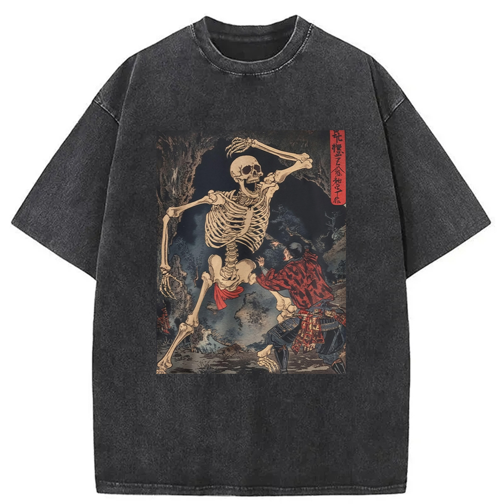 Japanese Horror Skeleton Washed T-Shirt Minimal Retro Graphic Clothing Gifts For Sister