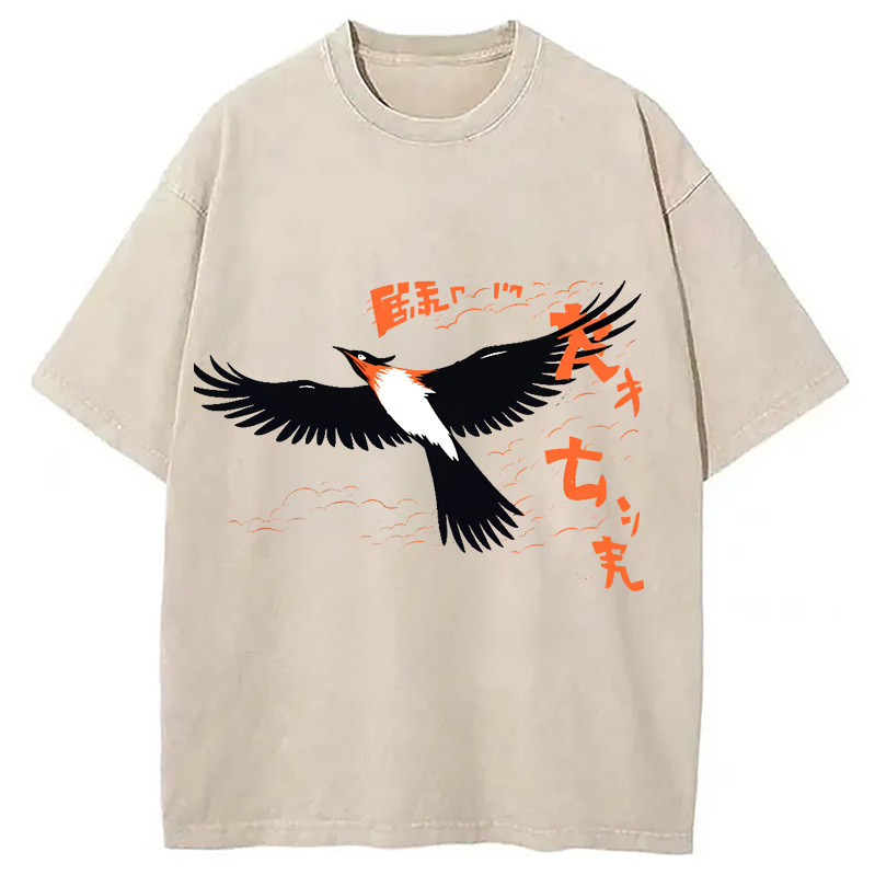 Japanese-Inspired Bird Washed T-Shirt Retro Humor Outfit Idea Gifts For Friends