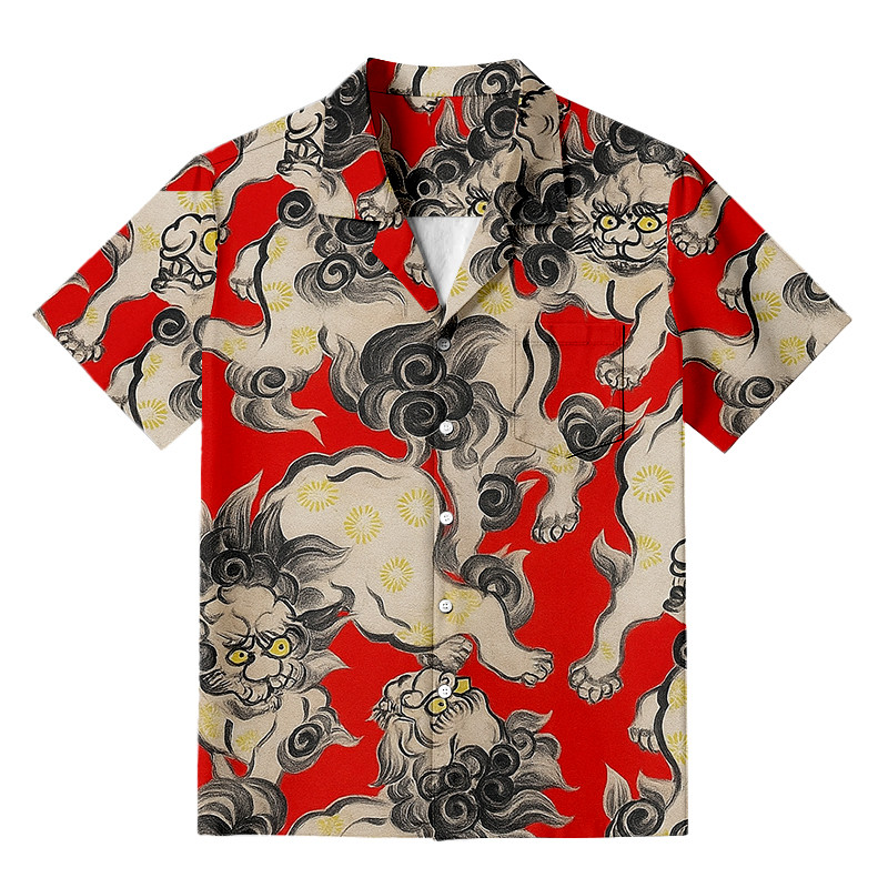 Japanese Kara Zishi Lion Hawaiian Shirt Japanese Art Apparel Mythology Gifts