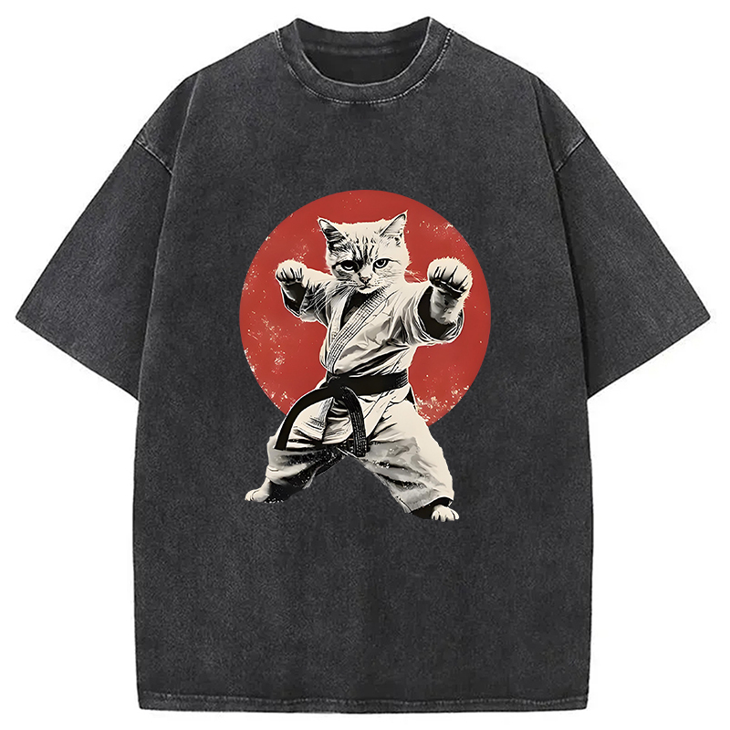 Japanese Karate Cat Washed T-Shirt Soft Cotton Daily Wear Tee Gifts For Besties