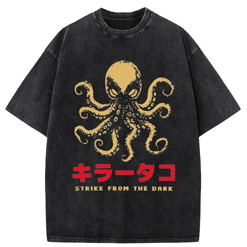 Japanese Killer Octopus Washed T-Shirt Everyday Comfort Graphic Shirt Gifts For Besties