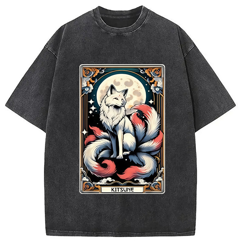 Japanese Kitsune Fox Nine Tailed Fox Tarot Washed T-Shirt Everyday Comfort Graphic Shirt Gifts For Him