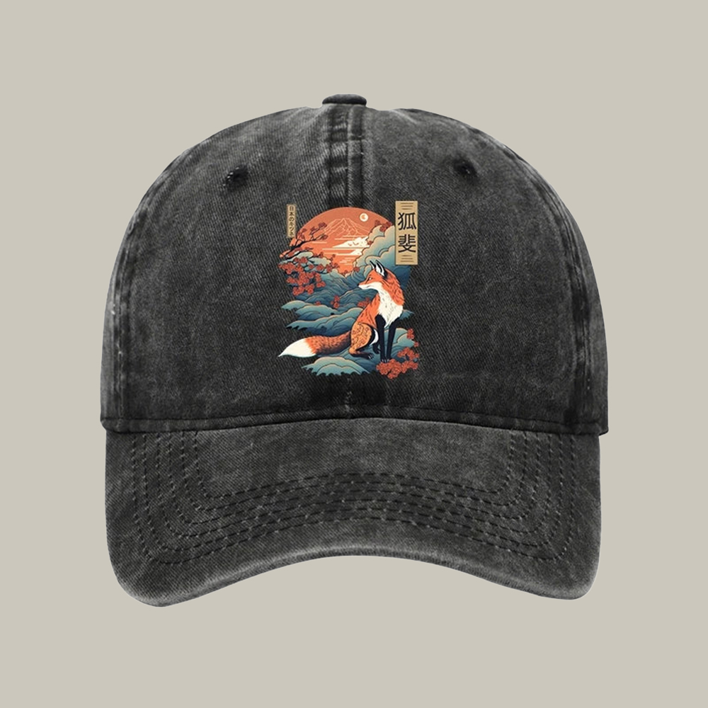 Japanese Kitsune Fox Sakura Washed Cap Cool Ball Cap Christmas Gifts For Mom