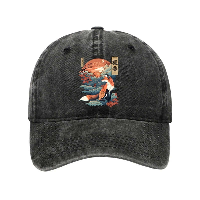 Japanese Kitsune Fox Sakura Washed Hat Nature Vibe Stylish Hat Kitsune Lover Gifts