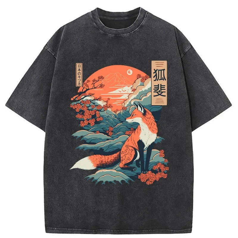 Japanese Kitsune Fox Sakura Washed T-Shirt Retro Streetwear Graphic Top Gifts For Friends